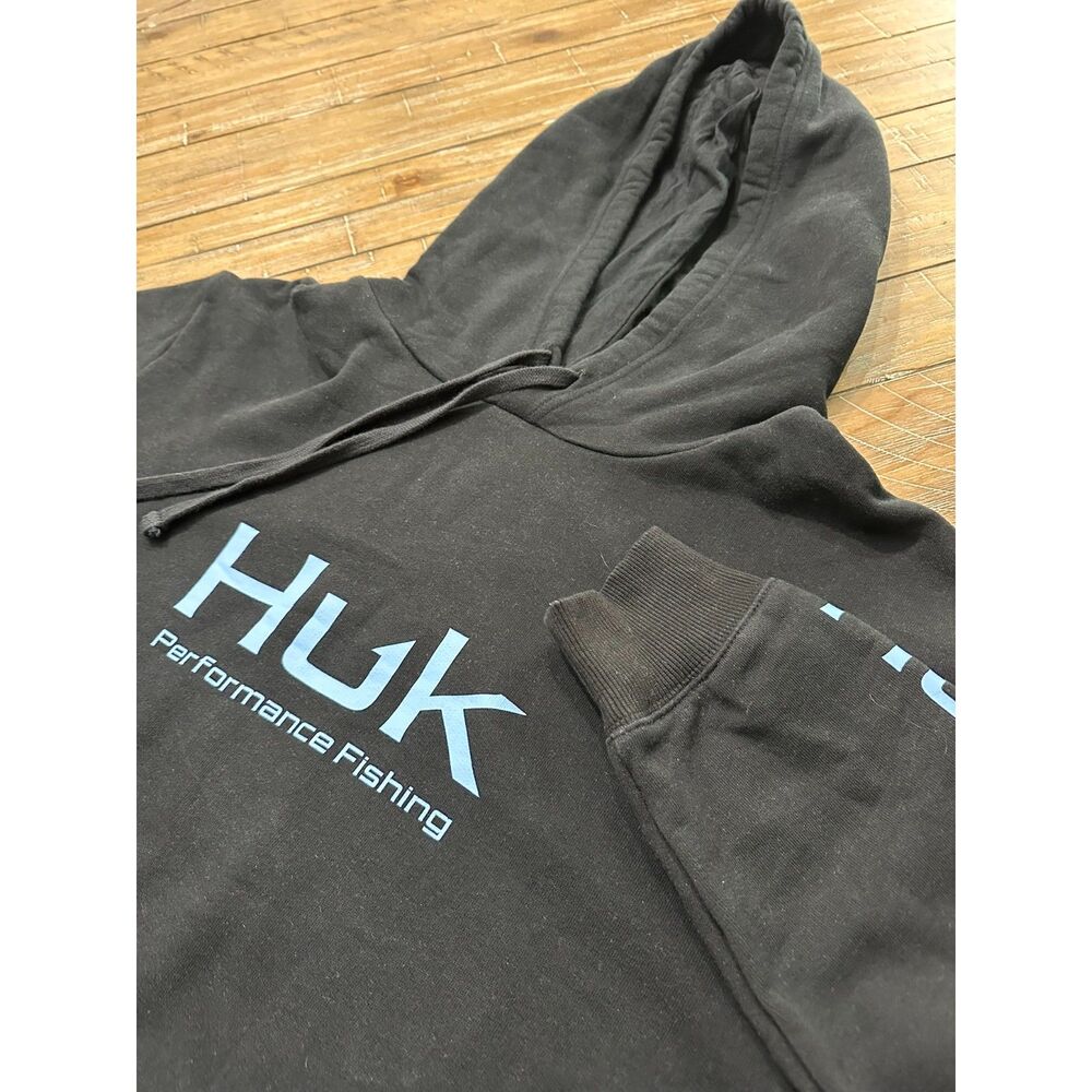 HUK Performance Fishing Hoodie Black Pullover Logo Sweatshirt Men's Large